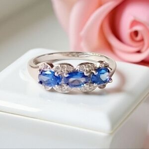 Sterling Silver Blue Sapphire Stone Cubic Zirconia Ring Womens Jewelry
